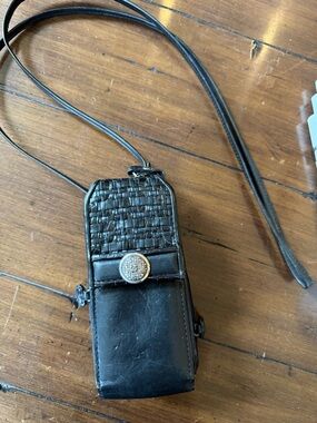 Brighton Black Leather Crossbody Case with Woven Detail